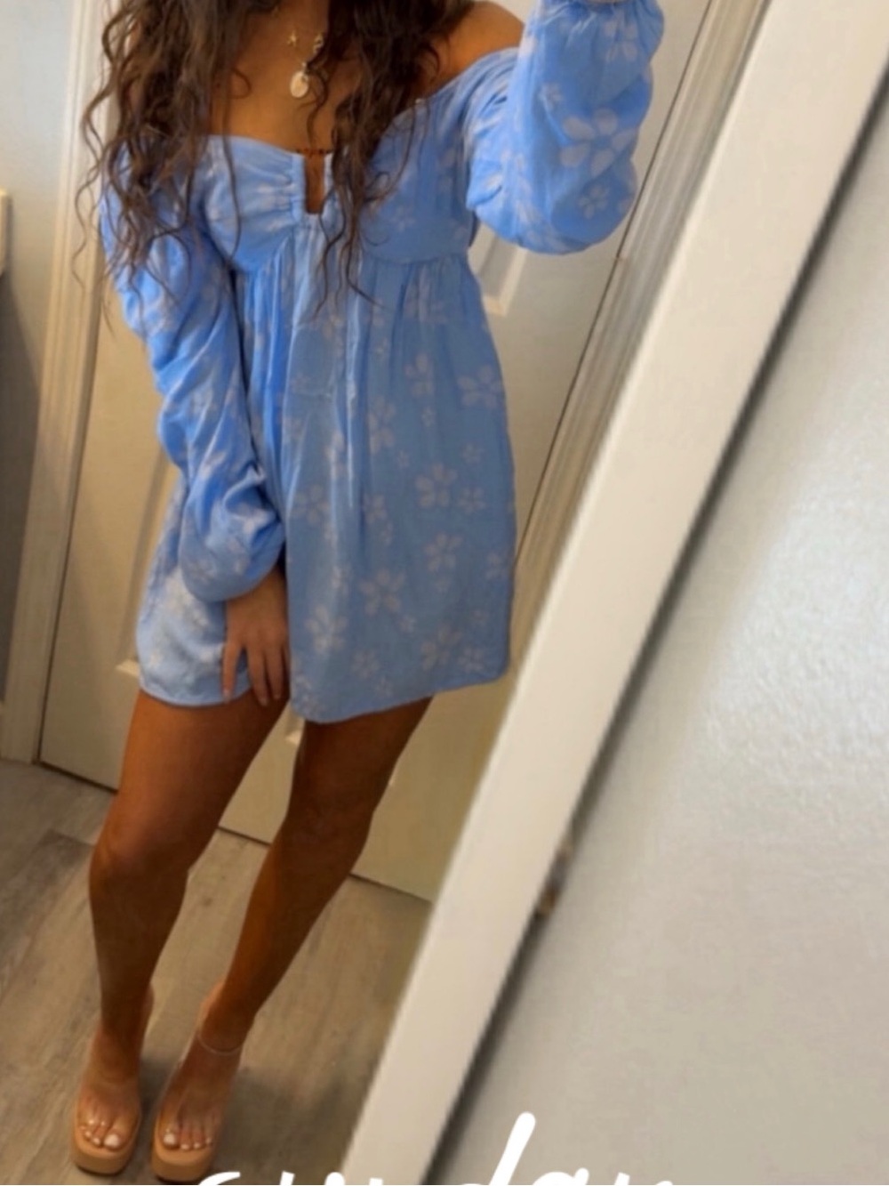 American Eagle Blue Floral Long Sleeve Babydoll Dress